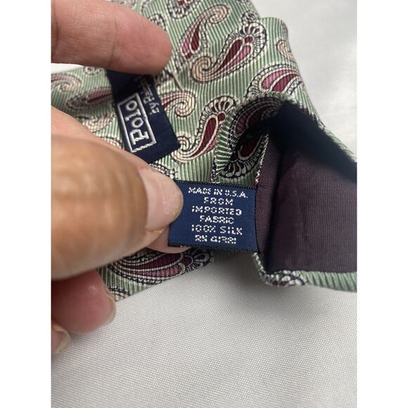 Polo Ralph Lauren Men’s Tie Green Paisley 100% Silk Hand Made in USA RN41381 - Picture 5 of 5